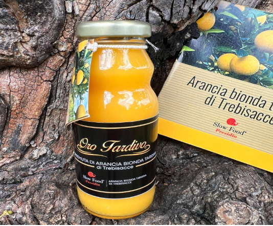 Vasetto con la spremuta di arancia bionda tardiva fresca.